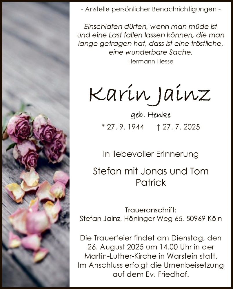  Traueranzeige für Karin Jainz vom 16.08.2025 aus HASO