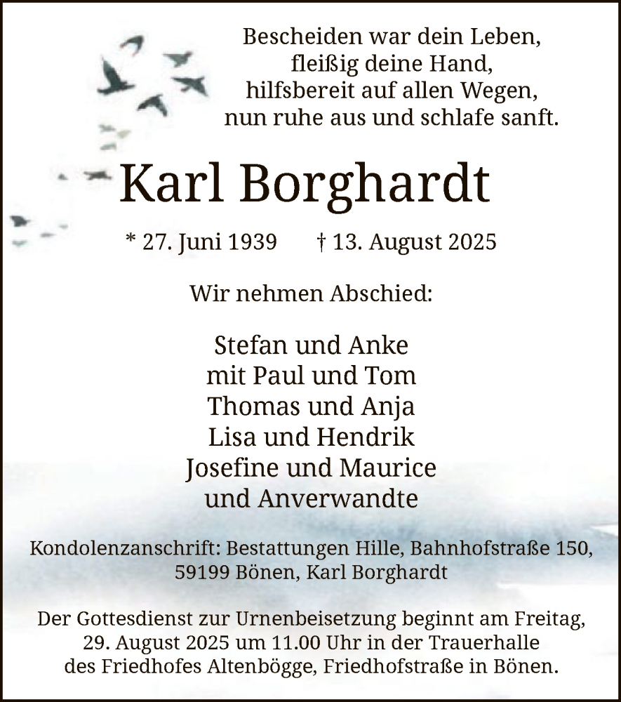  Traueranzeige für Karl Borghardt vom 23.08.2025 aus HAWA