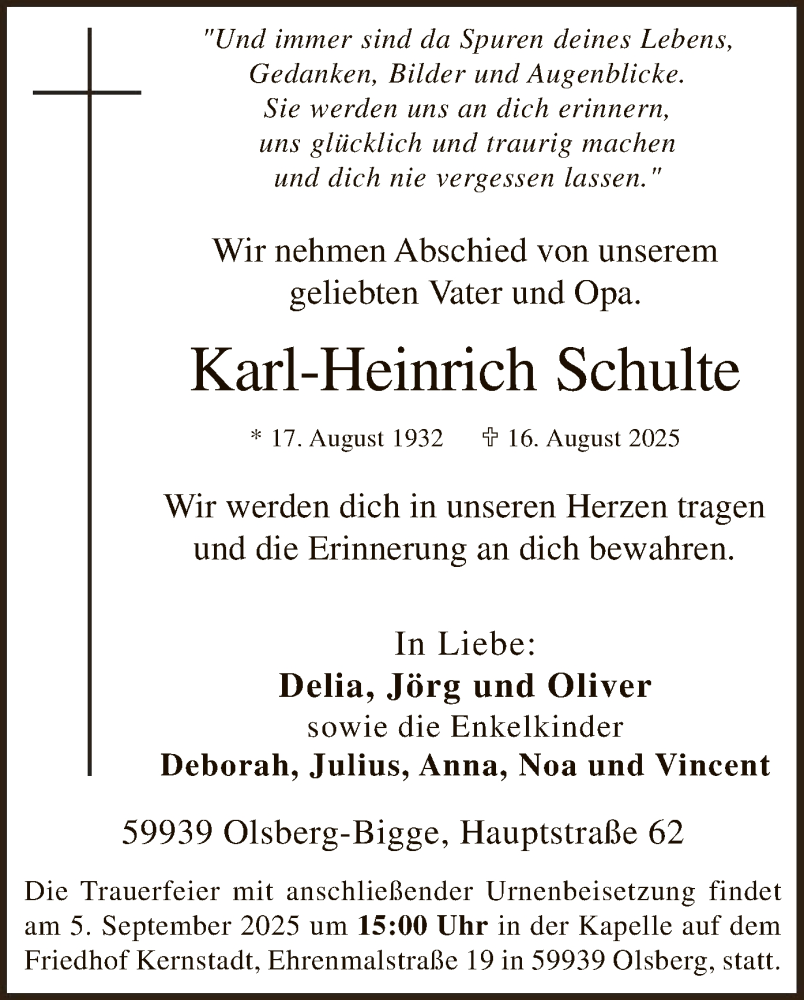  Traueranzeige für Karl-Heinrich Schulte vom 30.08.2025 aus HASK