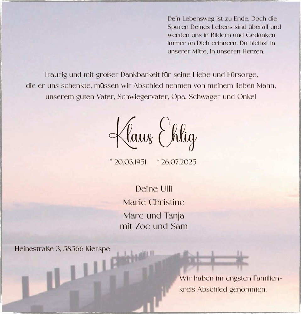 Traueranzeige für Klaus Ehlig vom 23.08.2025 aus HALN