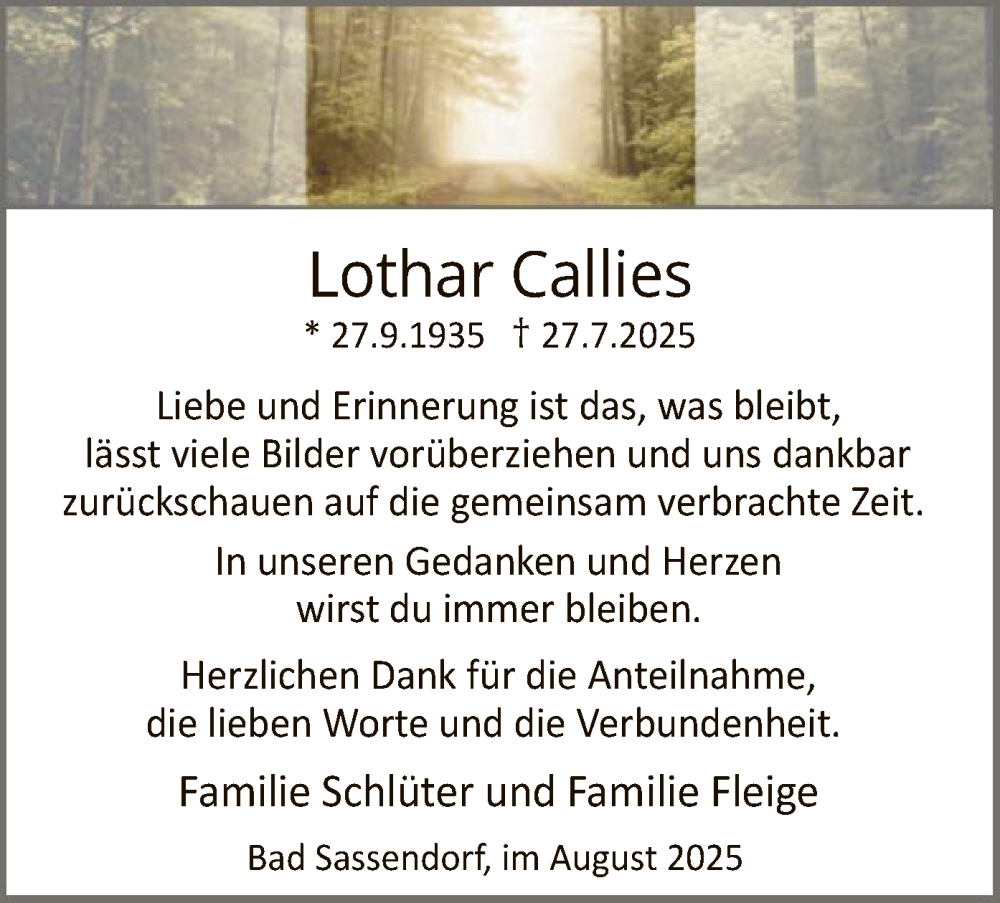  Traueranzeige für Lothar Callies vom 29.08.2025 aus HASO