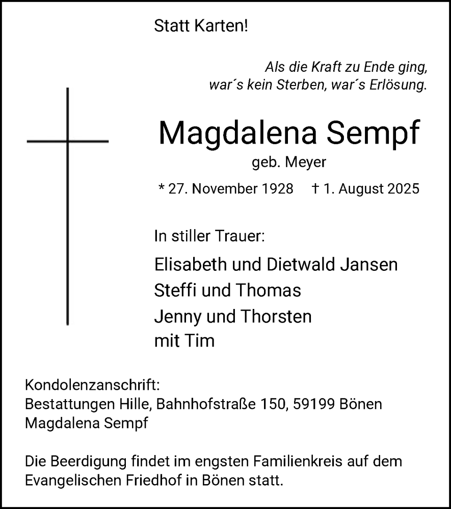  Traueranzeige für Magdalena Sempf vom 09.08.2025 aus HAWA