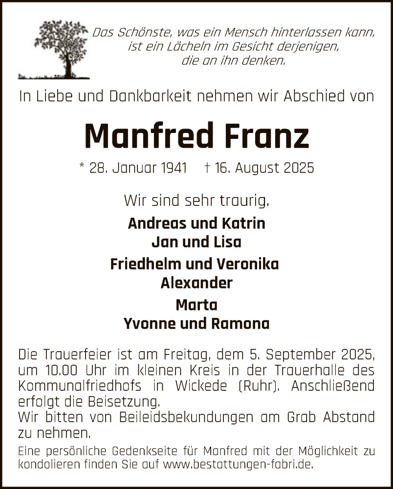  Traueranzeige für Manfred Franz vom 30.08.2025 aus HASO