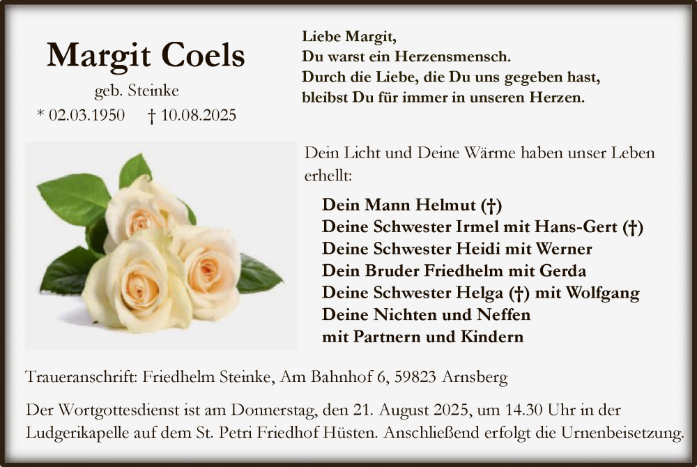  Traueranzeige für Margit Coels vom 16.08.2025 aus HASK