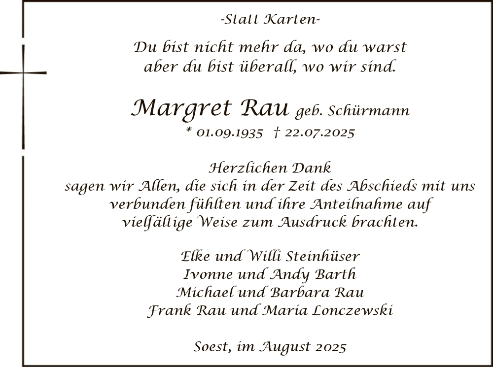  Traueranzeige für Margret Rau vom 30.08.2025 aus HASO