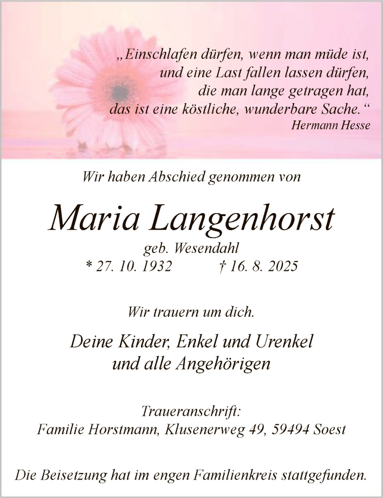  Traueranzeige für Maria Langenhorst vom 30.08.2025 aus HASO