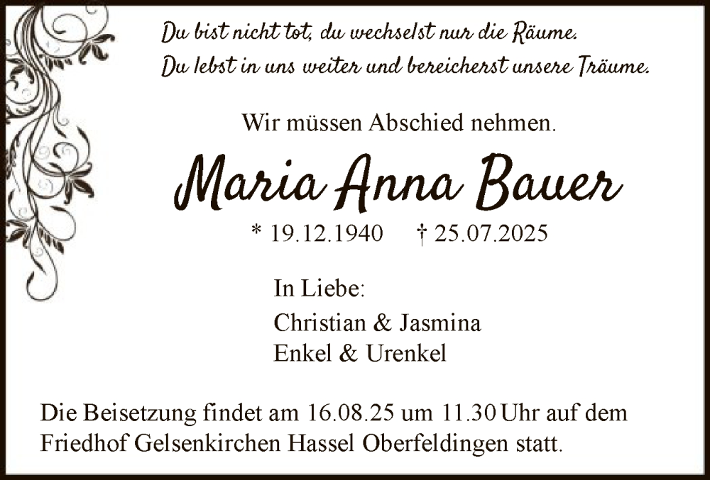  Traueranzeige für Maria Anna Bauer vom 09.08.2025 aus HASO