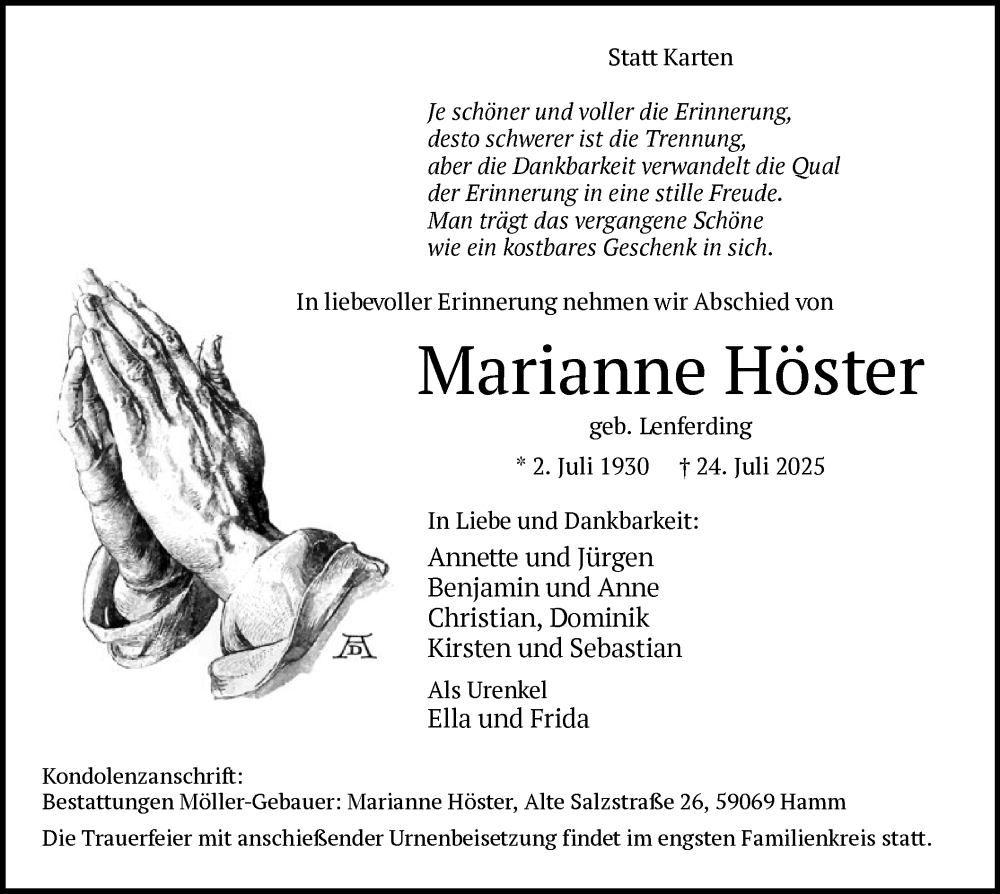  Traueranzeige für Marianne Höster vom 09.08.2025 aus HAWA