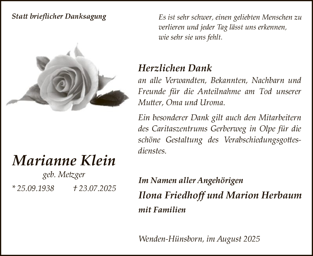  Traueranzeige für Marianne Klein vom 23.08.2025 aus HASK