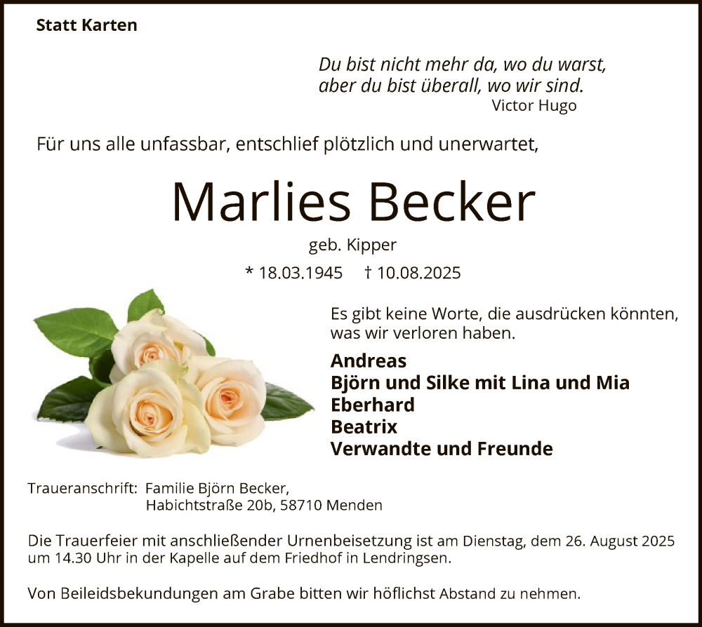  Traueranzeige für Marlies Becker vom 16.08.2025 aus HASK
