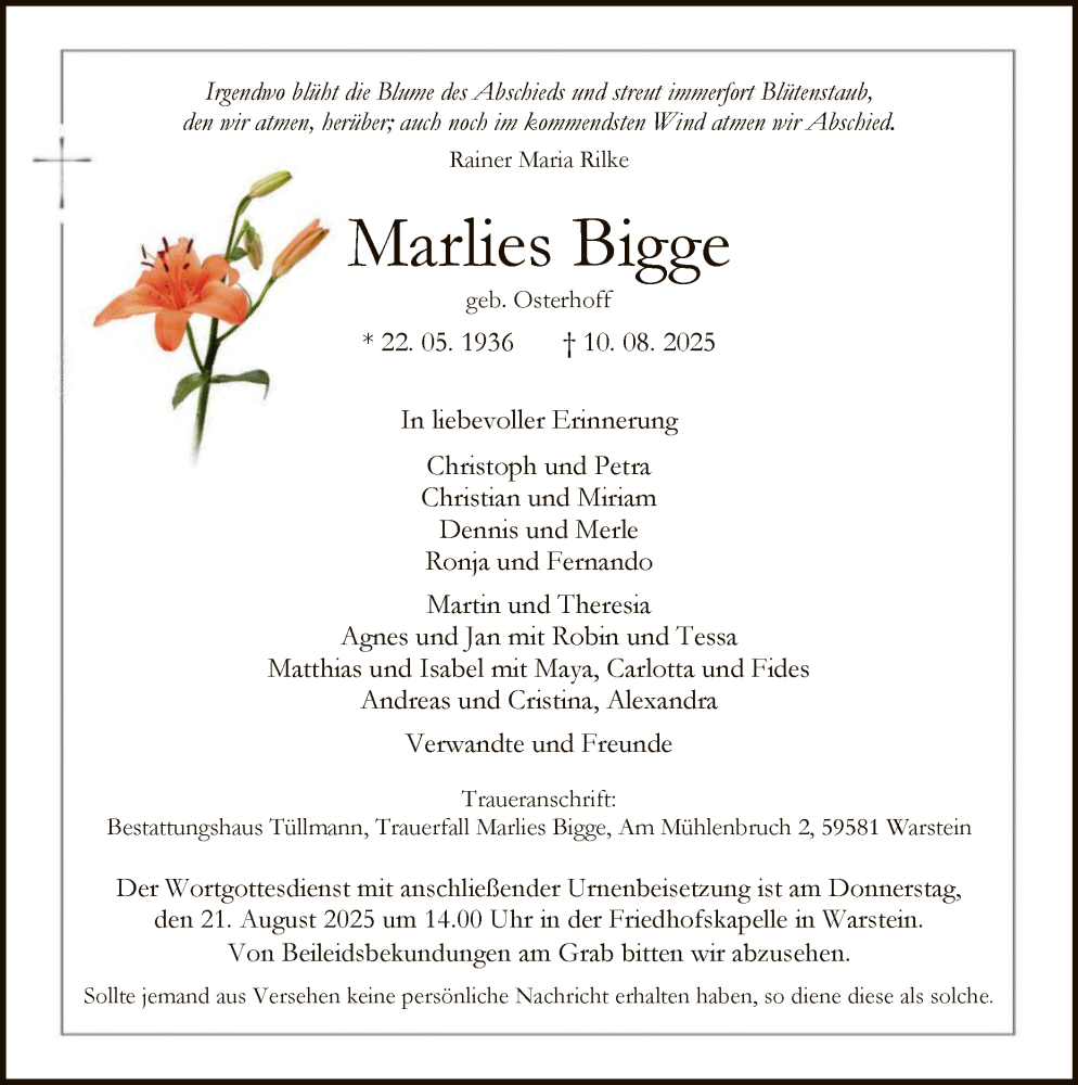  Traueranzeige für Marlies Bigge vom 16.08.2025 aus HASO