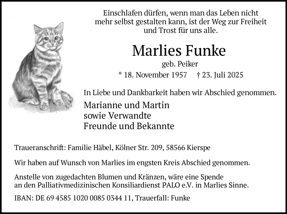  Traueranzeige für Marlies Funke vom 02.08.2025 aus HALN
