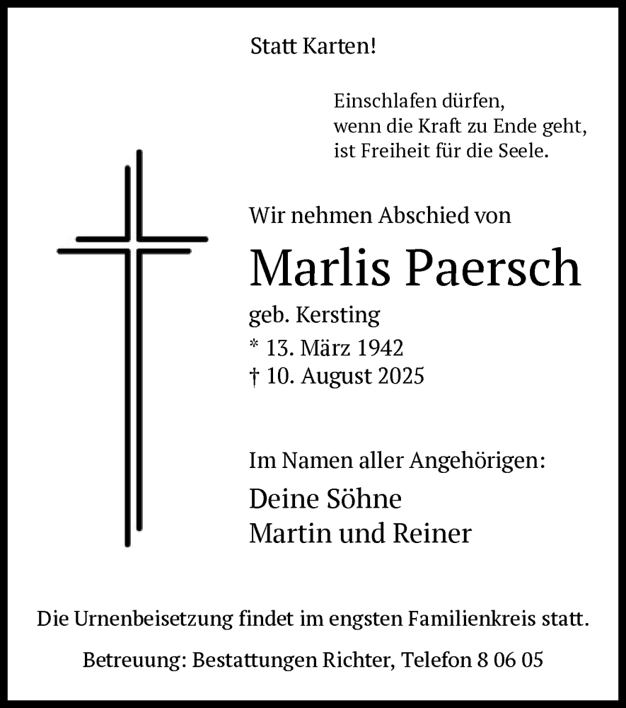  Traueranzeige für Marlis Paersch vom 16.08.2025 aus HAWA