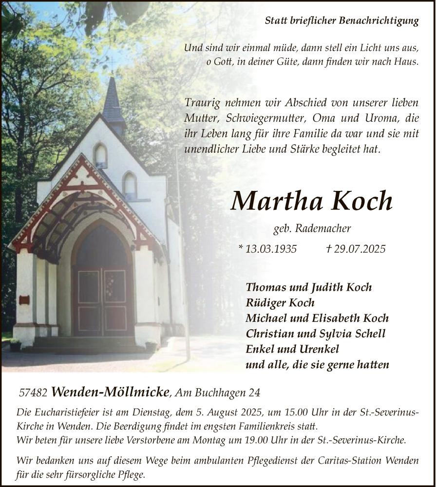  Traueranzeige für Martha Koch vom 02.08.2025 aus HASK