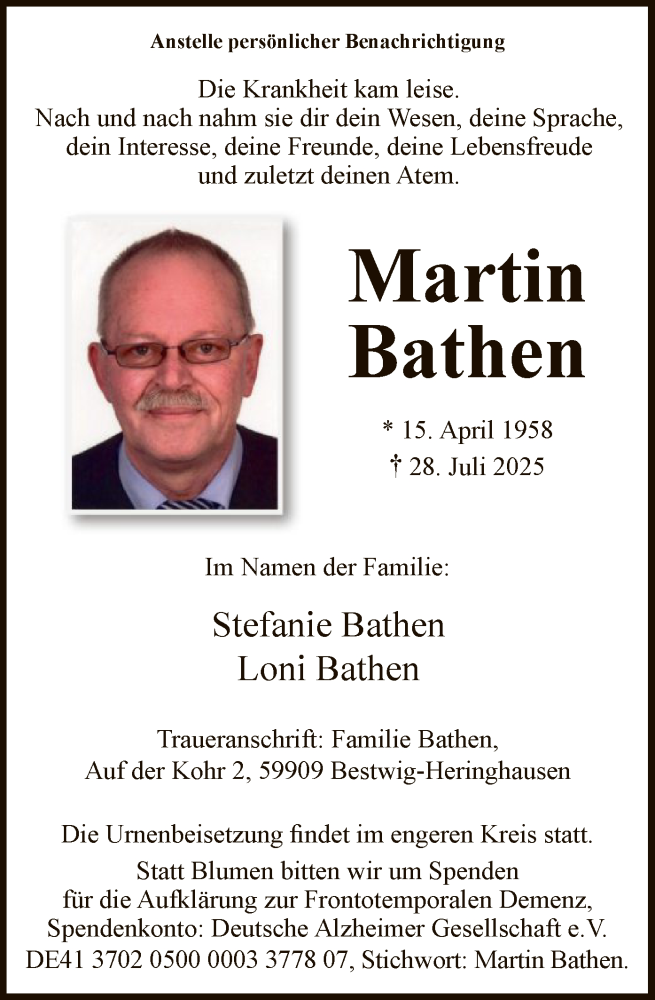  Traueranzeige für Martin Bathen vom 16.08.2025 aus HASK