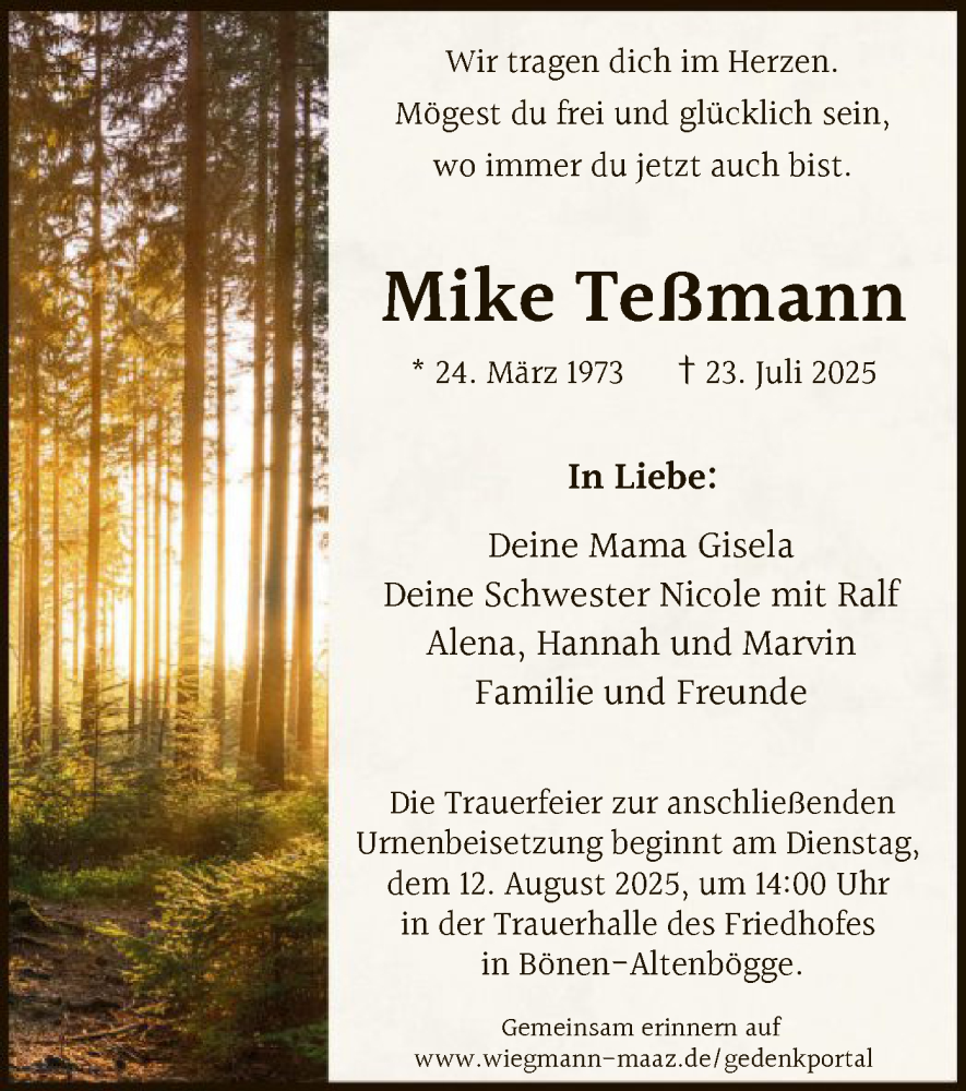  Traueranzeige für Mike Teßmann vom 02.08.2025 aus HAWA