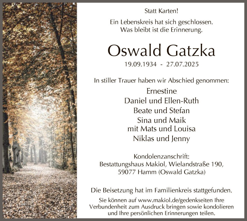 Traueranzeige für Oswald Gatzka vom 23.08.2025 aus HAWA
