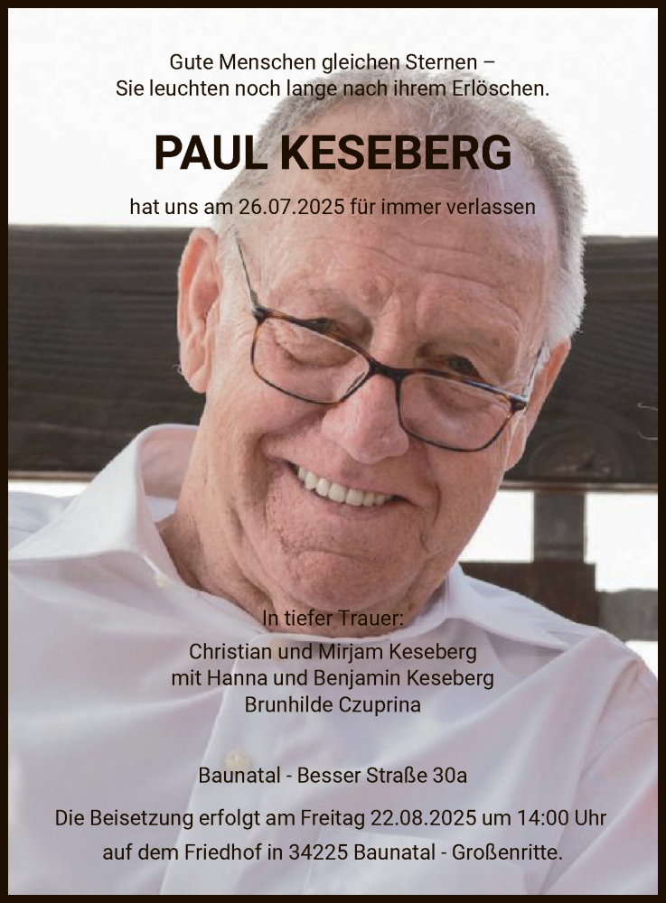  Traueranzeige für Paul Keseberg vom 16.08.2025 aus HASK