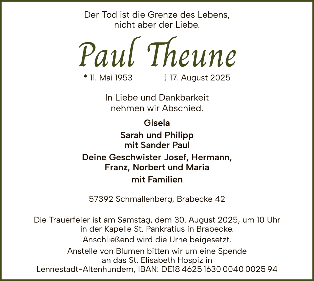  Traueranzeige für Paul Theune vom 23.08.2025 aus HASK