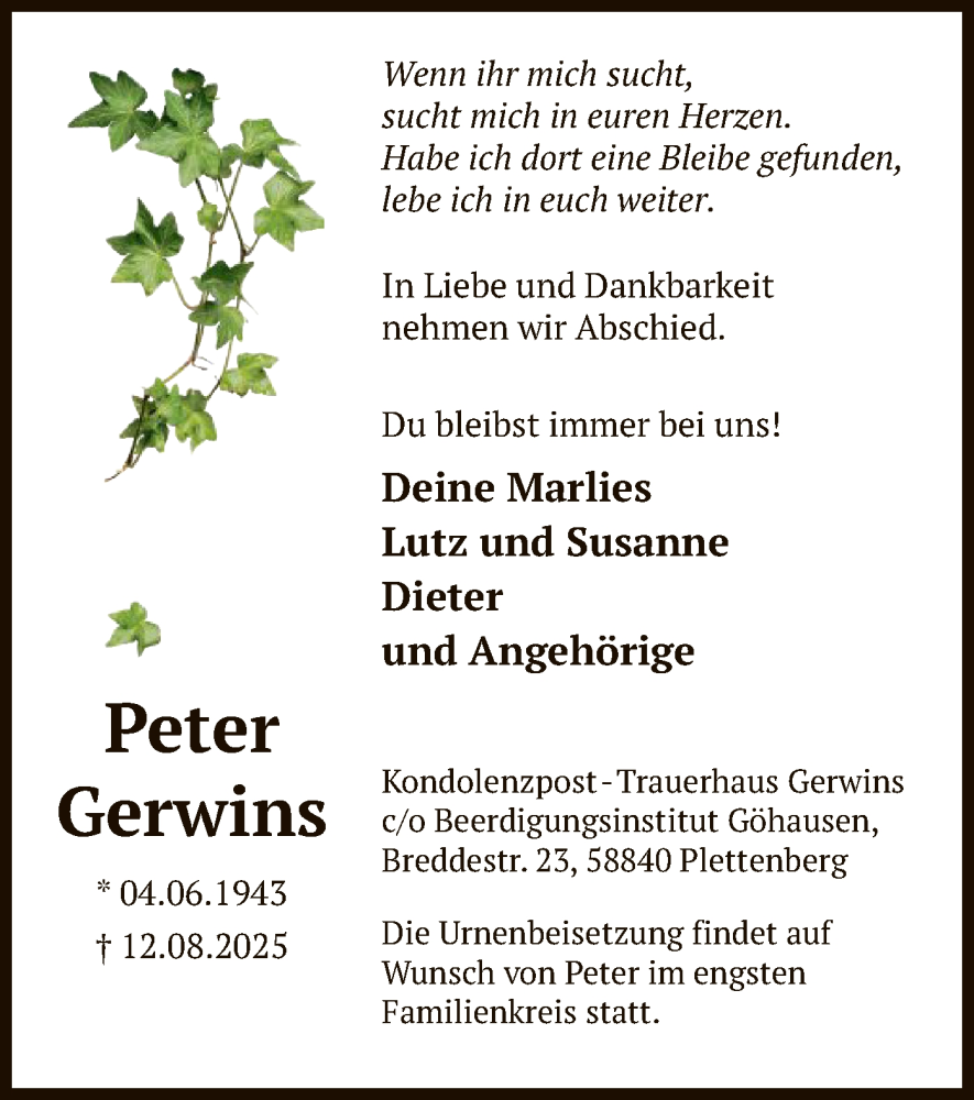  Traueranzeige für Peter Gerwins vom 16.08.2025 aus HALN
