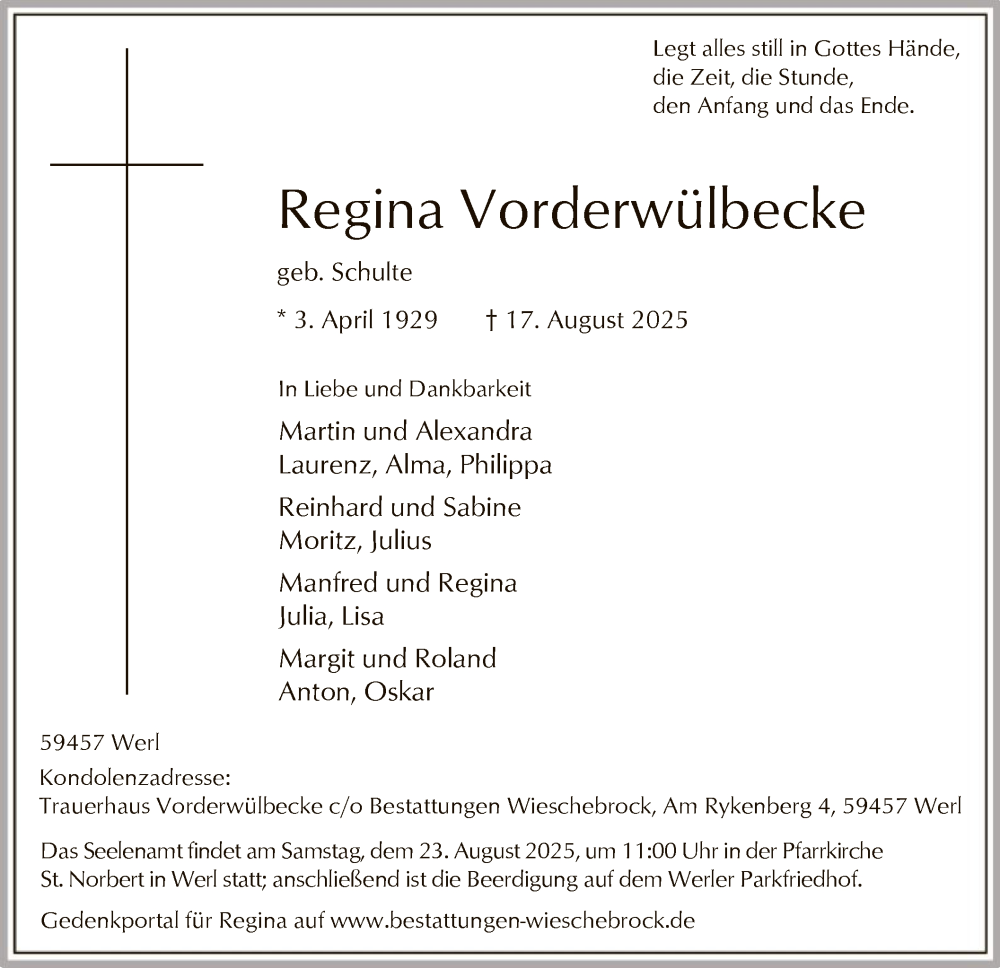  Traueranzeige für Regina Vorderwülbecke vom 20.08.2025 aus HASO