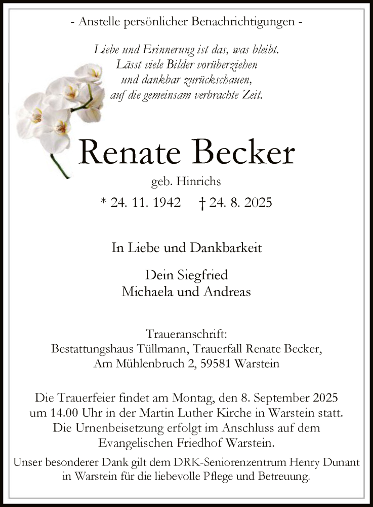  Traueranzeige für Renate Becker vom 30.08.2025 aus HASO