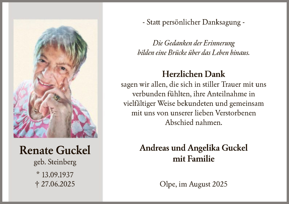  Traueranzeige für Renate Guckel vom 02.08.2025 aus HASK