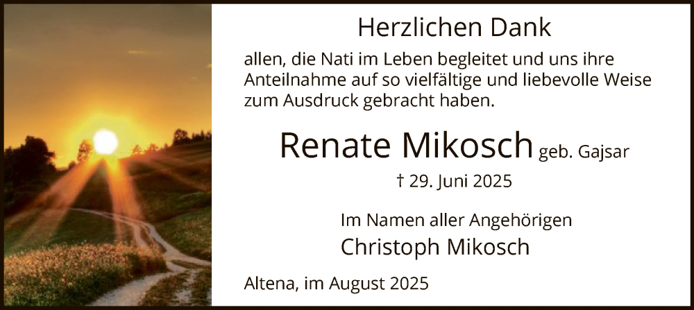  Traueranzeige für Renate Mikosch vom 09.08.2025 aus HALN