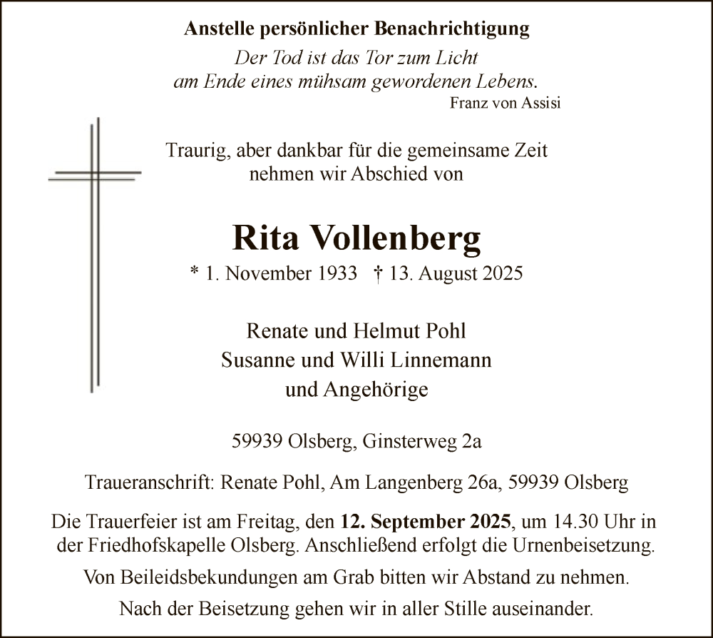 Traueranzeige für Rita Vollenberg vom 30.08.2025 aus HASKHASK