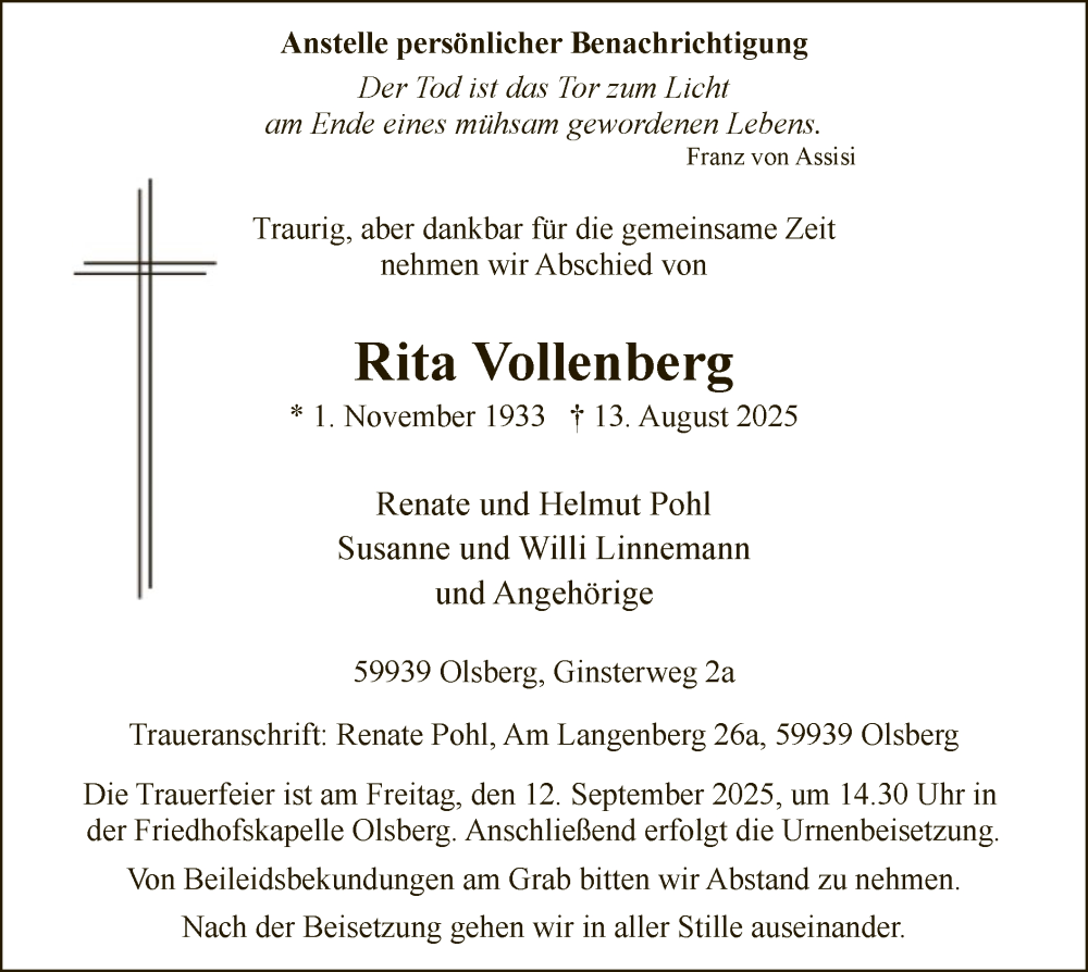  Traueranzeige für Rita Vollenberg vom 23.08.2025 aus HASK