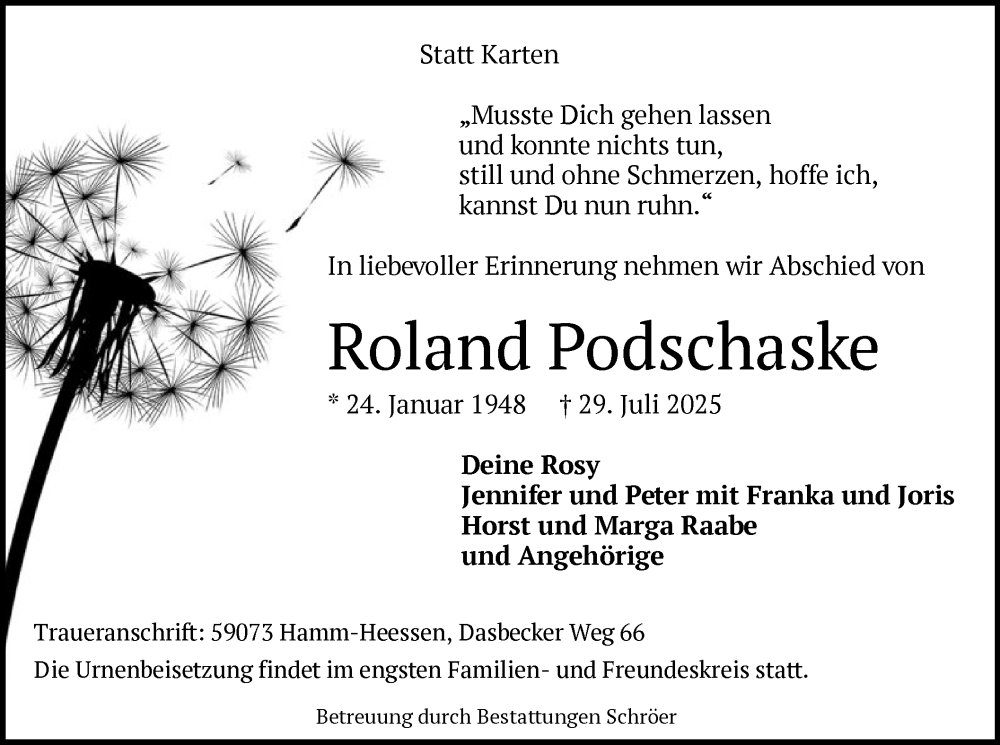  Traueranzeige für Roland Podschaske vom 09.08.2025 aus HAWA