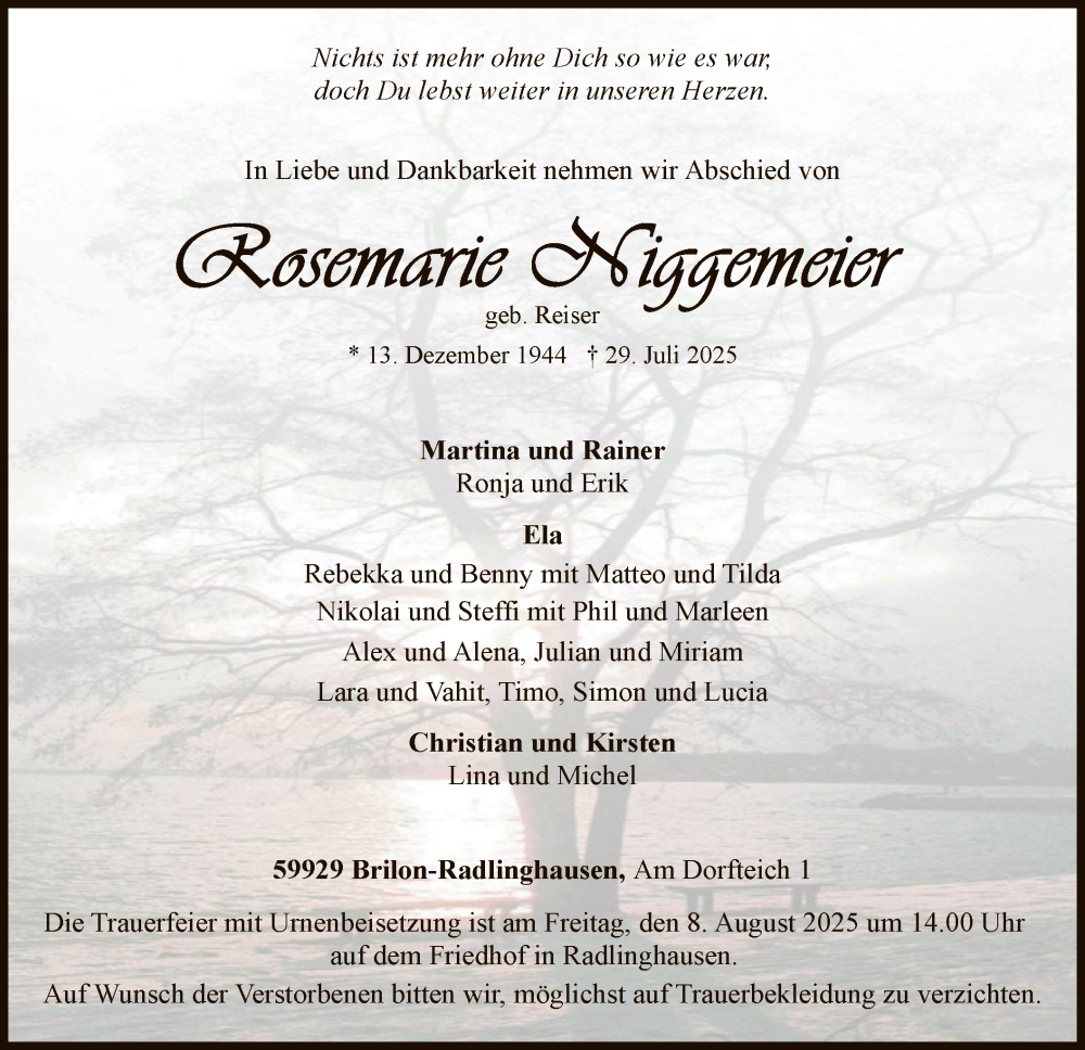  Traueranzeige für Rosemarie Niggermeier vom 02.08.2025 aus HASK