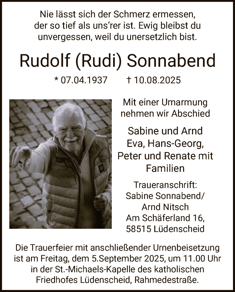  Traueranzeige für Rudolf Sonnabend vom 30.08.2025 aus HALN