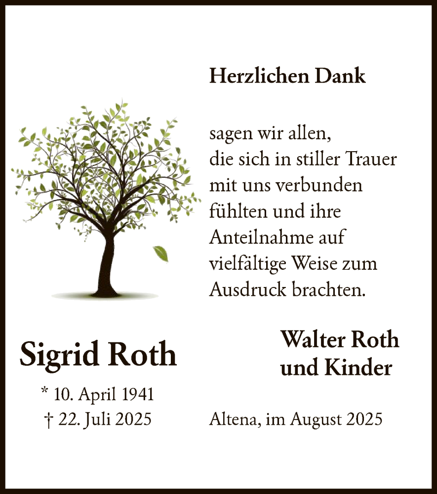  Traueranzeige für Sigrid Roth vom 23.08.2025 aus HALN