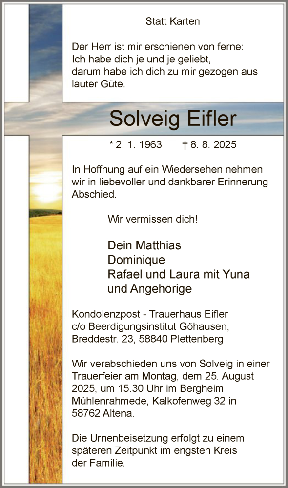  Traueranzeige für Solveig Eifler vom 23.08.2025 aus HASK