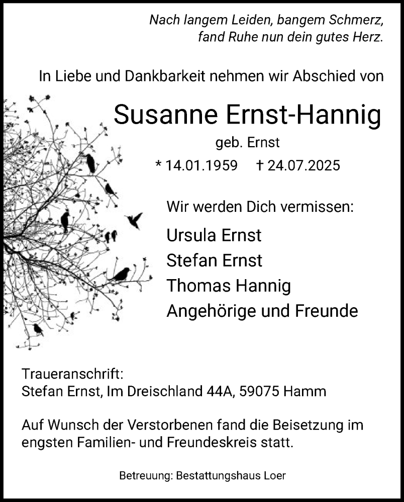  Traueranzeige für Susanne Ernst-Hannig vom 09.08.2025 aus HAWA