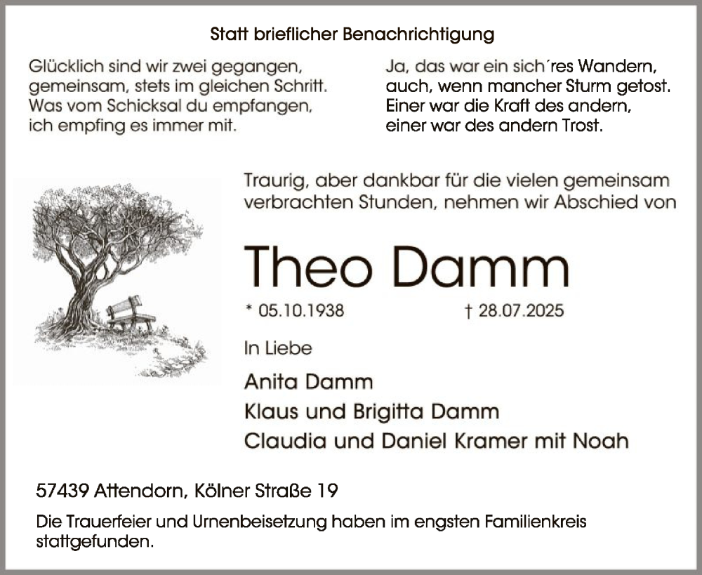  Traueranzeige für Theo Damm vom 09.08.2025 aus HASK