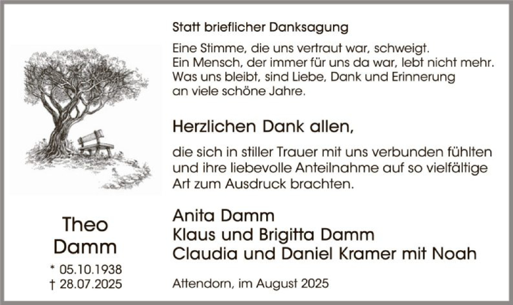  Traueranzeige für Theo Damm vom 23.08.2025 aus HASK
