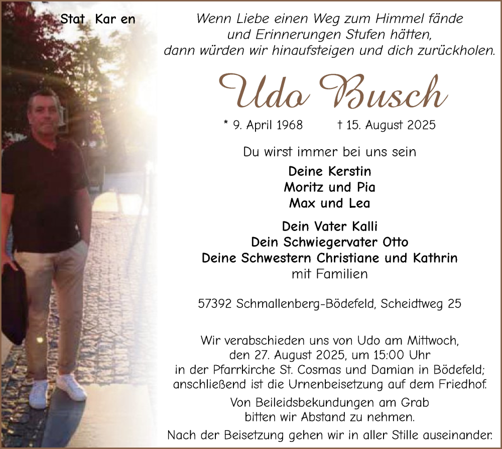  Traueranzeige für Udo Busch vom 23.08.2025 aus HASK