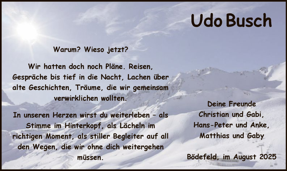  Traueranzeige für Udo Busch vom 30.08.2025 aus HASK