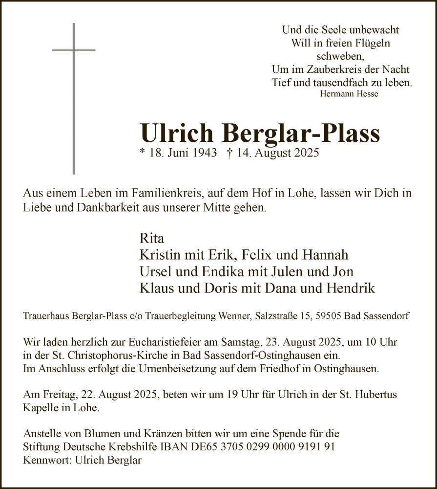  Traueranzeige für Ulrich Berglar-Plass vom 20.08.2025 aus HASO