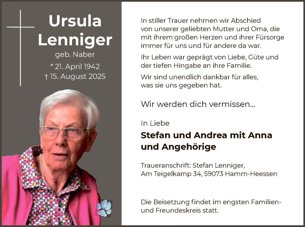  Traueranzeige für Ursula Lenniger vom 23.08.2025 aus HAWA