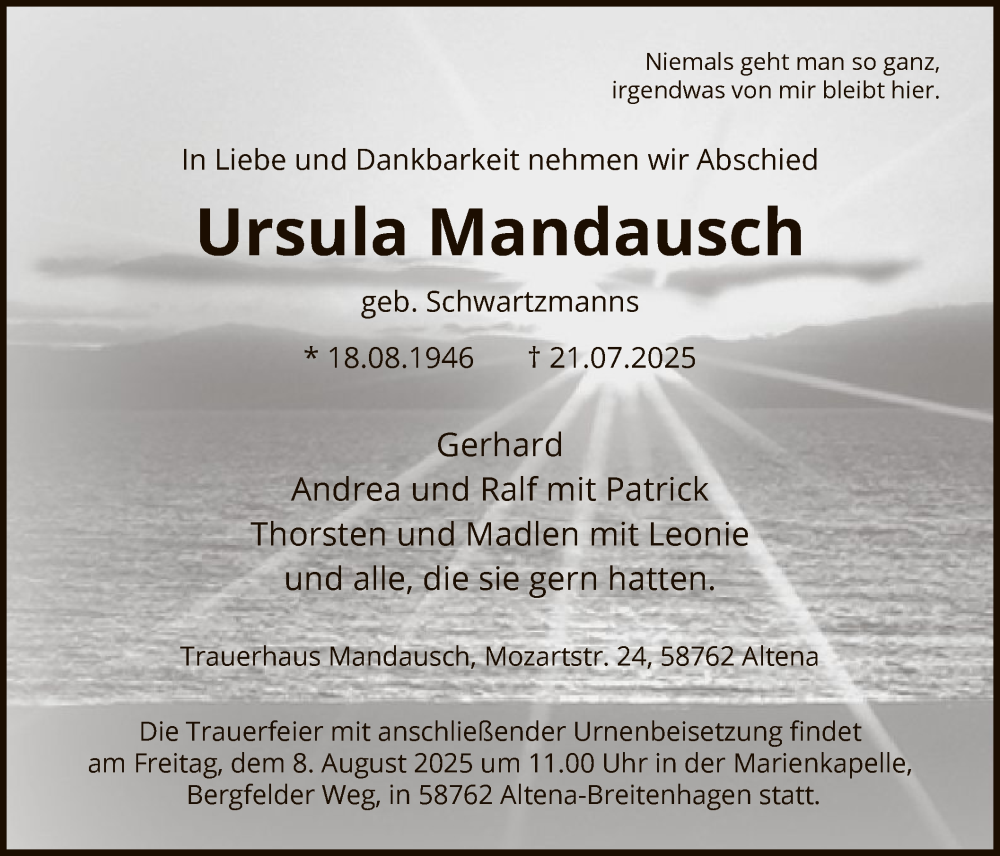  Traueranzeige für Ursula Mandausch vom 02.08.2025 aus HALN