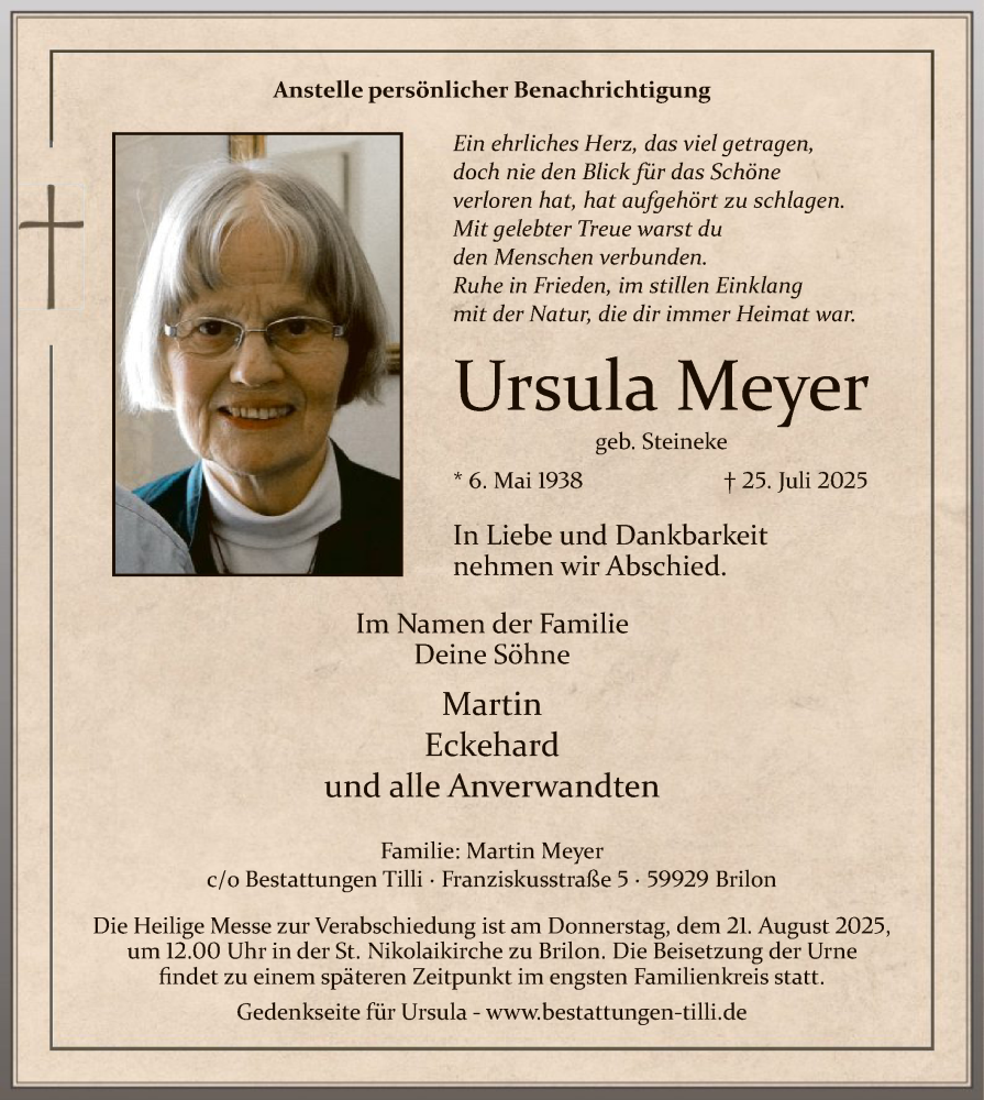  Traueranzeige für Ursula Meyer vom 02.08.2025 aus HASK