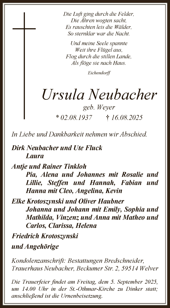 Traueranzeige für Ursula Neubacher vom 30.08.2025 aus HASO