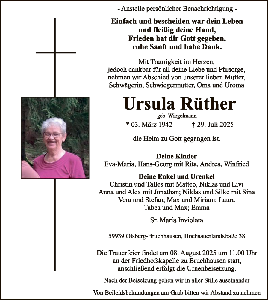  Traueranzeige für Ursula Rüther vom 02.08.2025 aus HASK