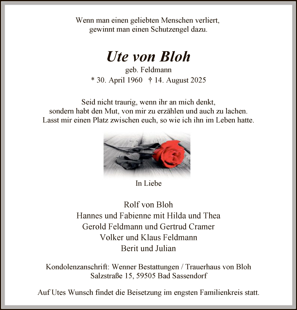  Traueranzeige für Ute von Bloh vom 20.08.2025 aus HASO