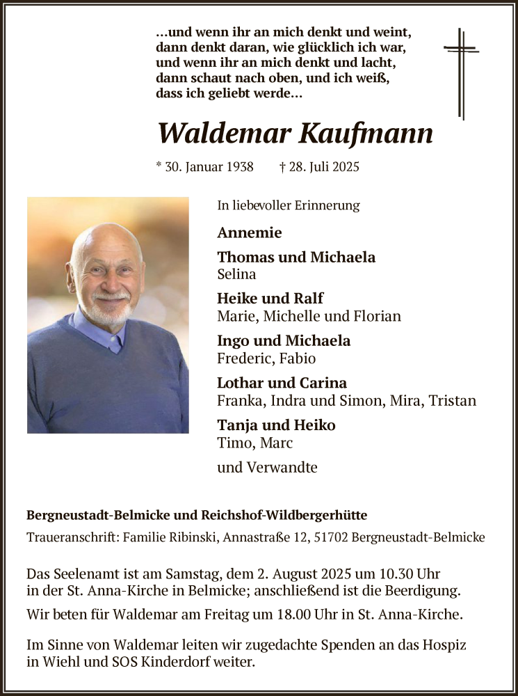  Traueranzeige für Waldemar Kaufmann vom 02.08.2025 aus HASK