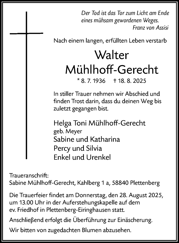  Traueranzeige für Walter Mühlhoff-Gerecht vom 23.08.2025 aus HALN