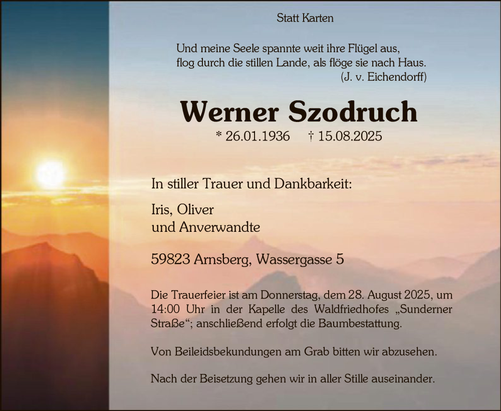  Traueranzeige für Werner Szodruch vom 23.08.2025 aus HASK